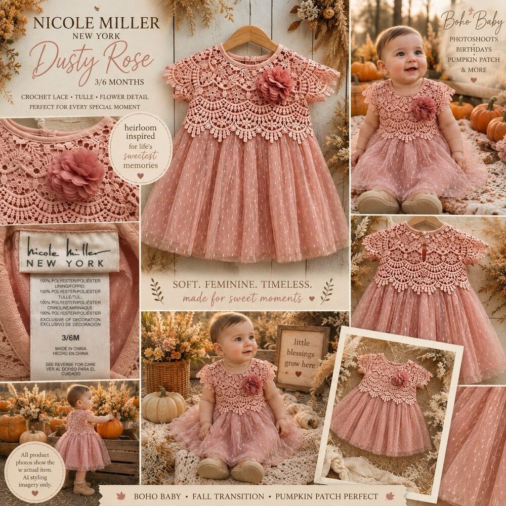 NWOT Nicole Miller Baby 3/6M Dusty Rose Boho Fall Crochet Lace Tulle Dress Gift